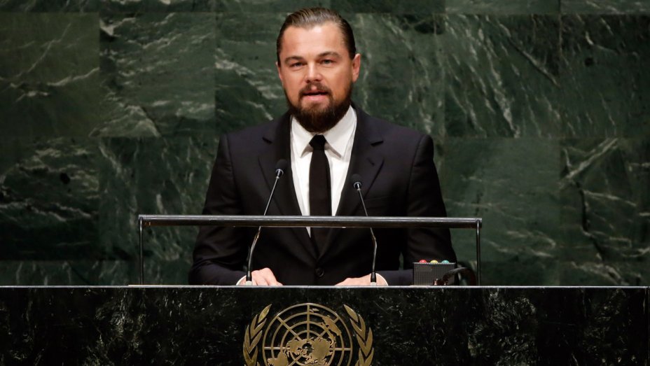 Leo giving a speech at the United Nations against carbon emissions. Photo: APImages