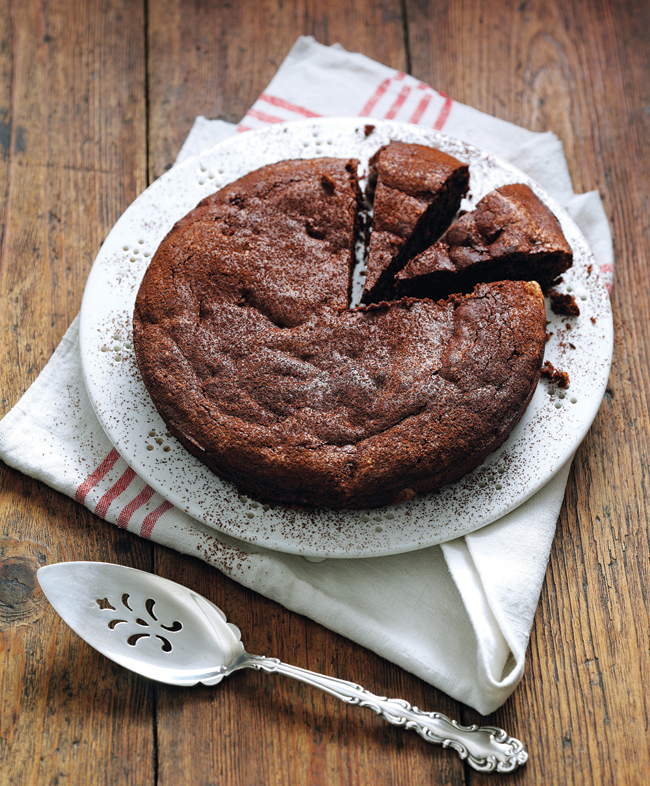 Squidgy chocolate, almond and prune torte