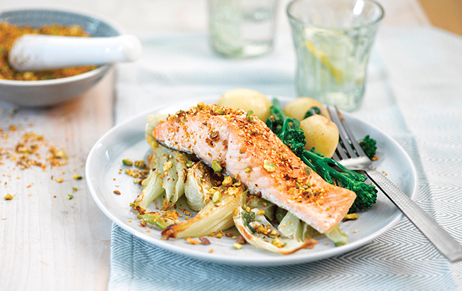 Roast salmon with fennel & pistachio dukkha