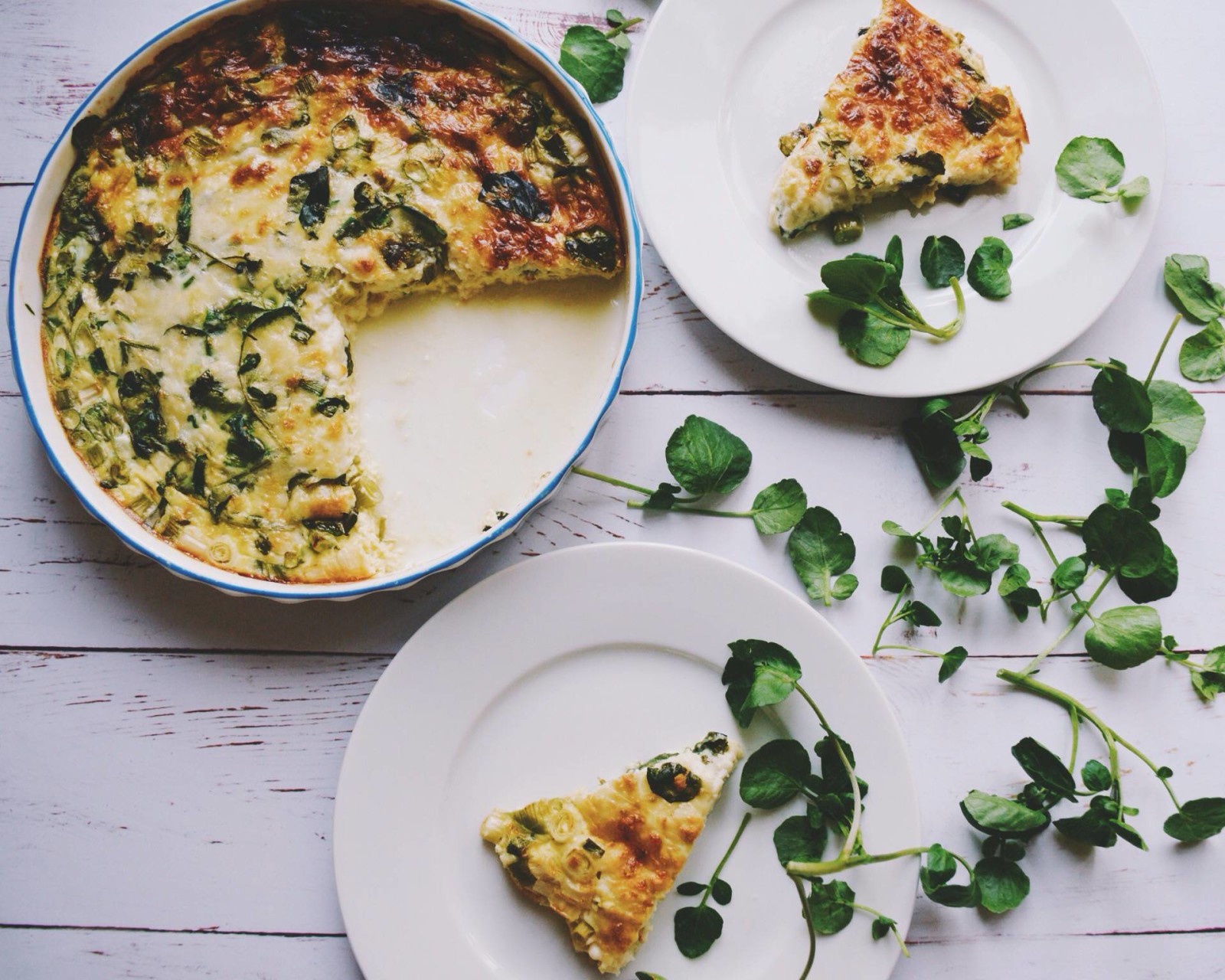 Goat's cheese, spring onion & watercress crustless quiche