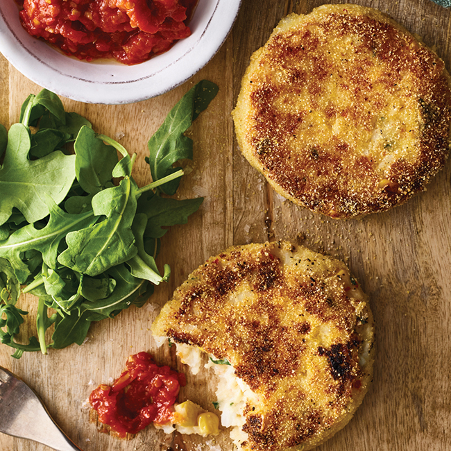 Smoked haddock, sweetcorn & chilli gluten-free fish cakes with spicy tomato sauce