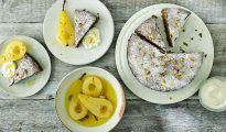 Flourless California walnut cake with poached pears