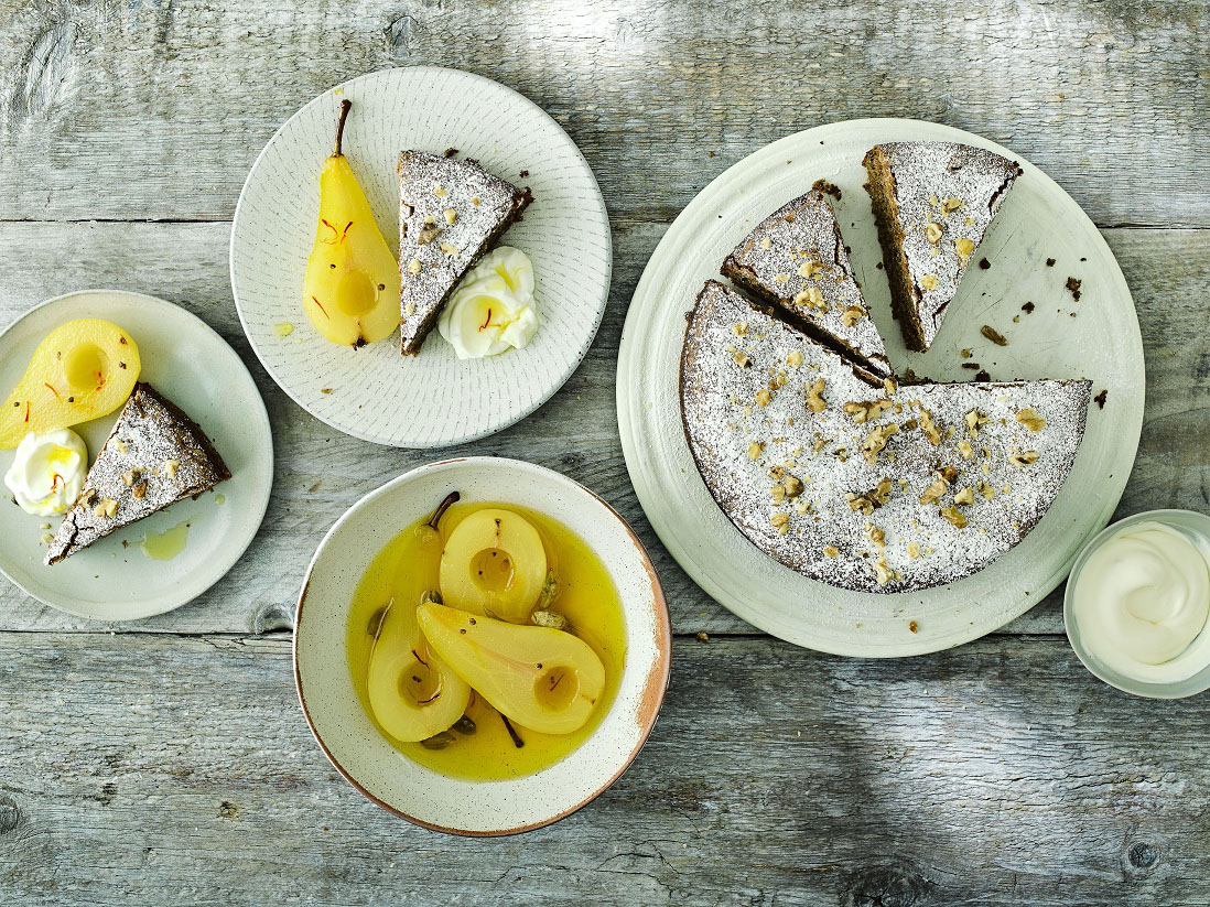 Flourless California walnut cake with poached pears