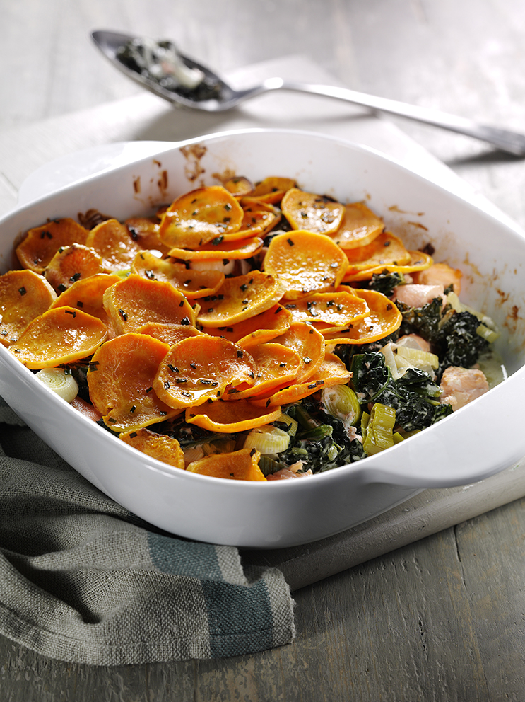  Salmon, Cavolo Nero and Sweet Potato Gratin