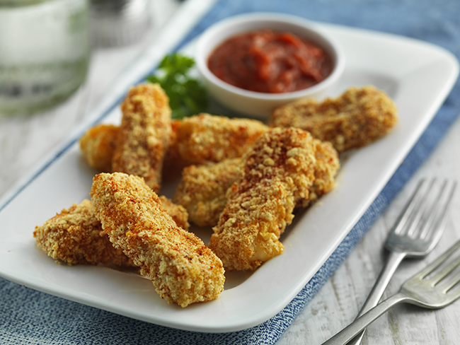 Gluten-free mozzarella sticks with tomato and herb dip