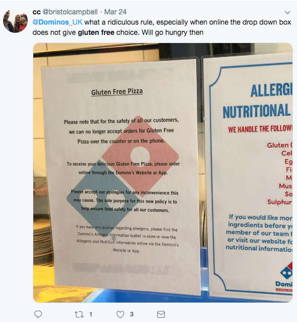 Gluten-free pizza lovers disappointed by Domino's customer service