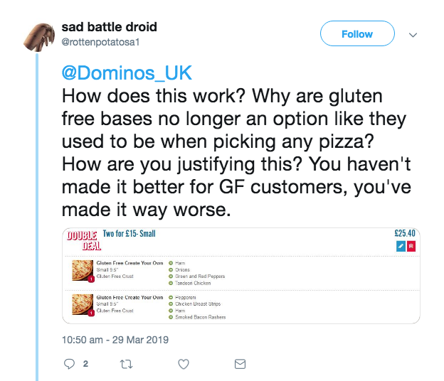 Gluten-free pizza lovers disappointed by Domino's customer service