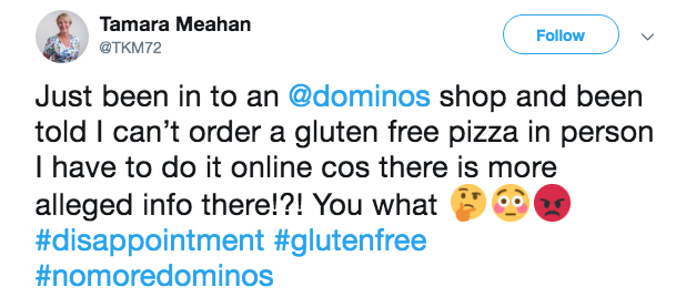 Gluten-free pizza lovers disappointed by Domino's customer service