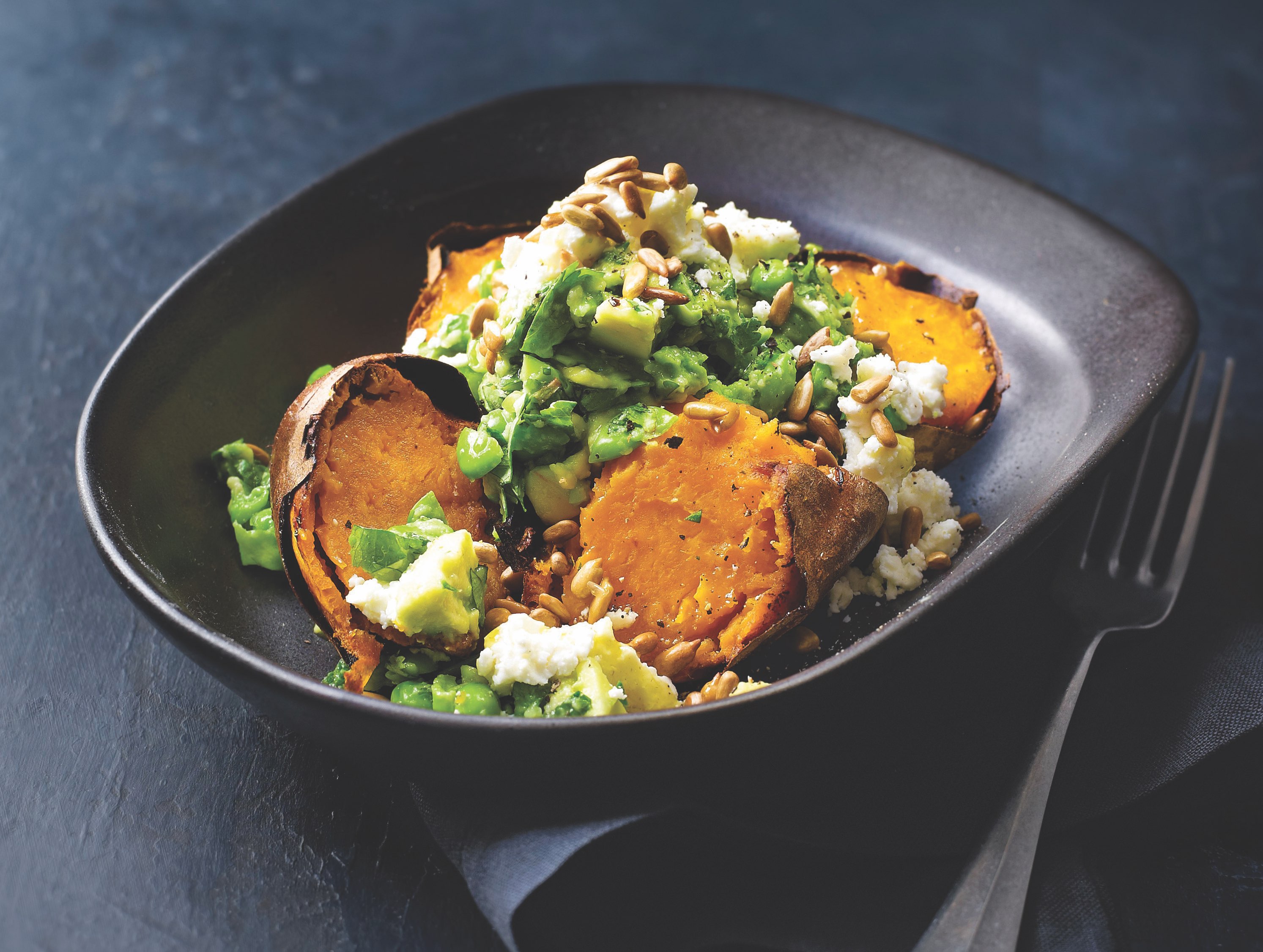 Baked sweet potatoes with smashed avocado recipe