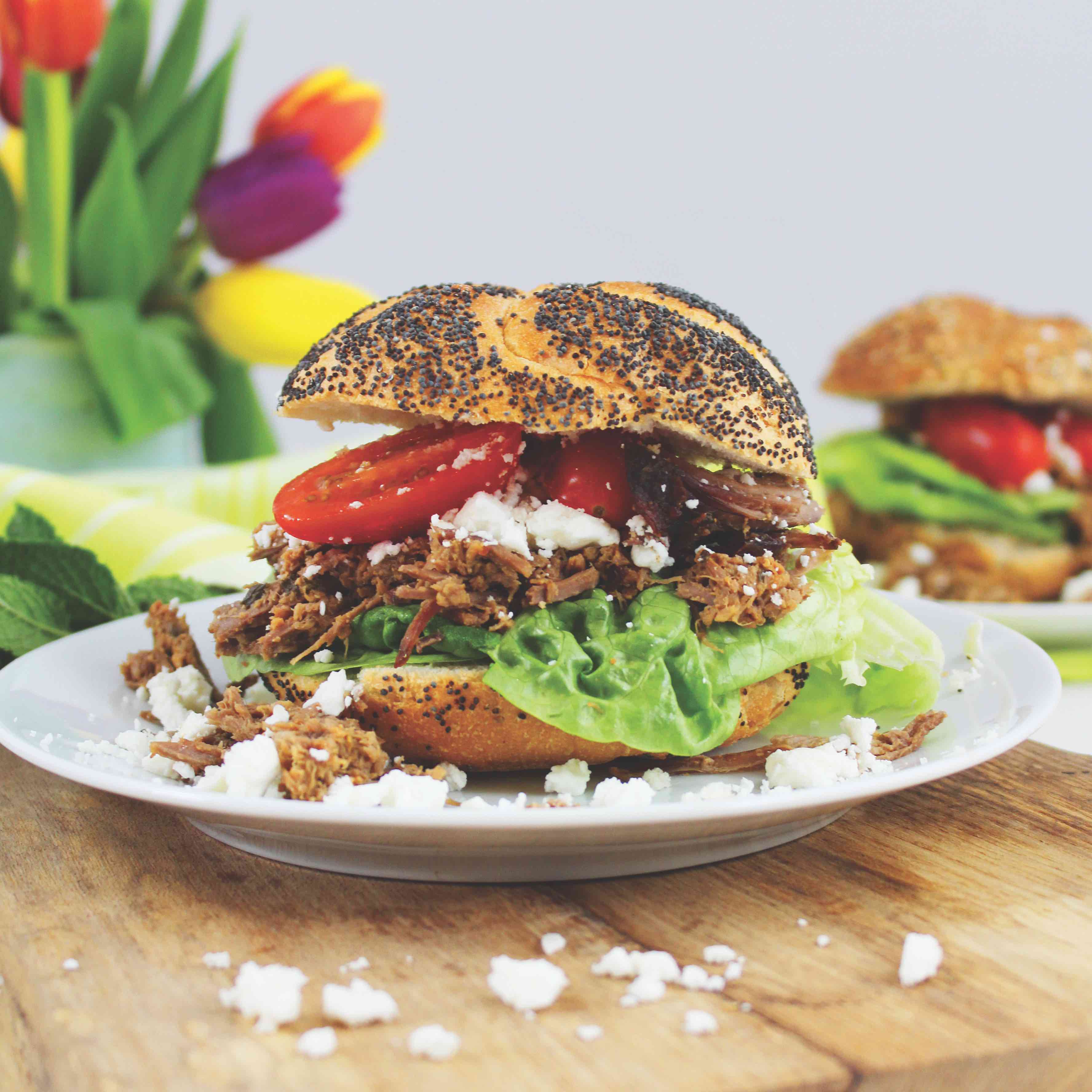 Port, mint and balsamic pulled lamb with feta recipe