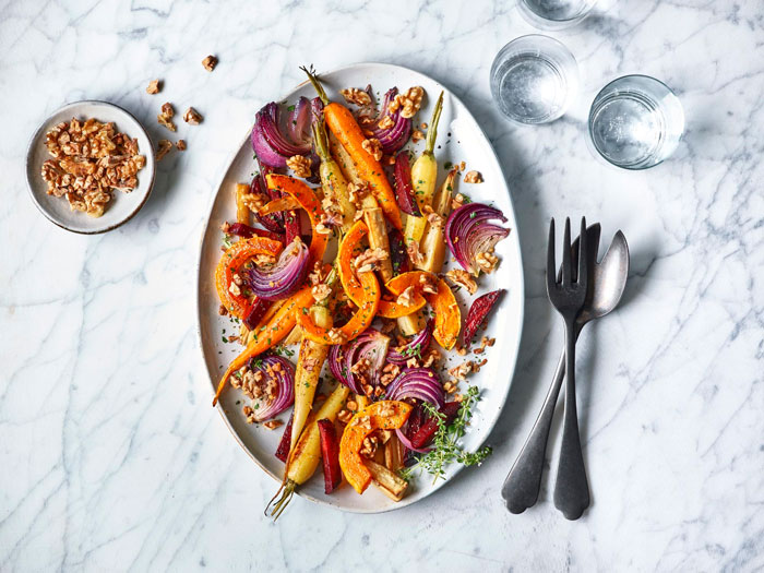Roasted vegetables with walnuts and herbs