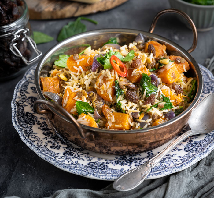 Spinach, Sweet Potato and South African Raisin Biriyani