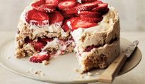 Strawberry & hazelnut meringue cake