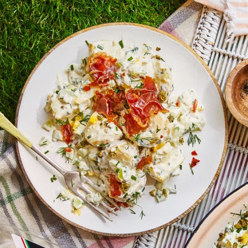 Chopped potato salad with crispy Prosciutto di Parma GlutenFree Heaven