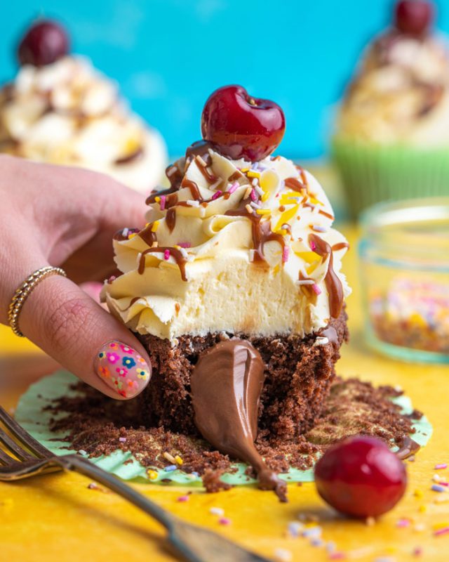 Ice Cream Sundae Cupcakes topped with Picota Cherry