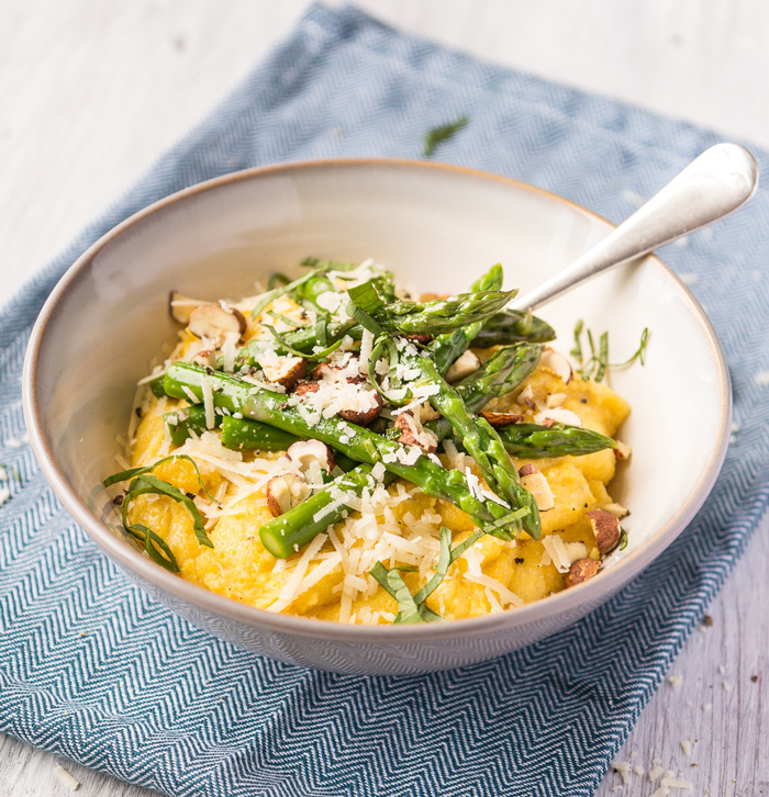 Parmesan polenta bowl with buttered British asparagus 