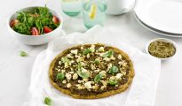 Easy Gluten Free Thin and Crispy Pesto and Feta Pizza