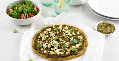 Easy Gluten Free Thin and Crispy Pesto and Feta Pizza