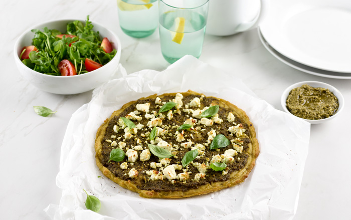 Easy Gluten Free Thin and Crispy Pesto and Feta Pizza